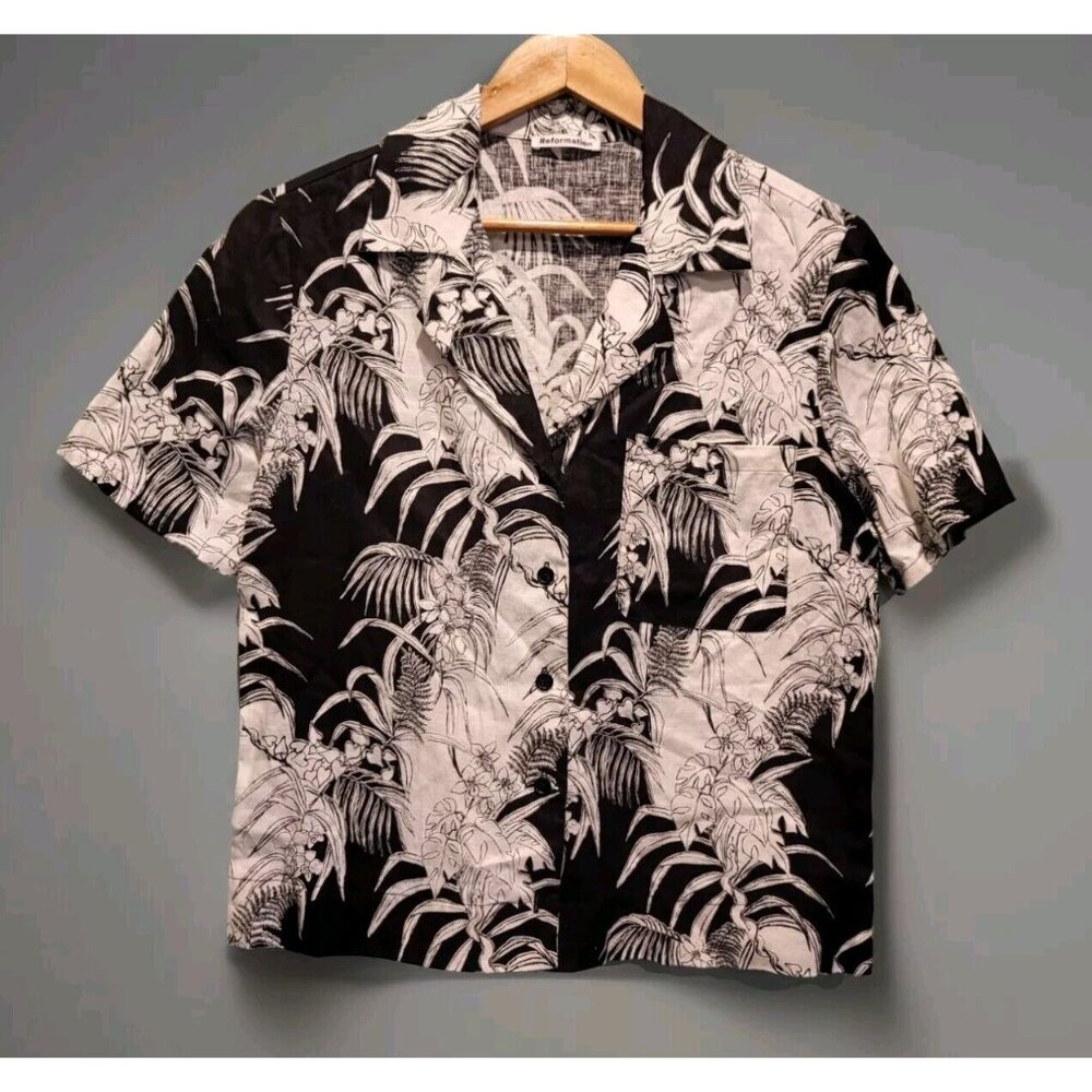 Reformation 100% Linen Black White Hawiian Short Sleeve Button Up Top XS